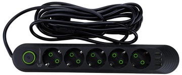 КАБЕЛЬ-УДЛИНИТЕЛЬ ДЛИНОЙ 5М, РАЗЪЕМ ПИТАНИЯ, 5 РАЗЪЕМОВ, 3 КНОПКИ ЗАЩИТЫ от перенапряжения USB.