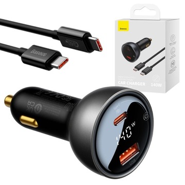 BASEUS SZYBKA ŁADOWARKA SAMOCHODOWA USB/USB-C MOCNA 140W + KABEL USB C 1m