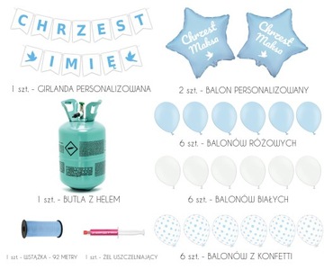 Zestaw dekoracja balon CHRZEST błękit + BUTLA HEL