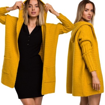 SWETEREK DAMSKI KARDIGAN SWETER LUŹNY Z KAPTUREM CIEPŁY ŻÓŁTY 36/38 S/M