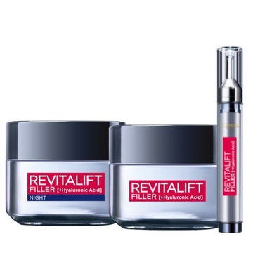 Zestaw Loreal Revitalift Hyaluronic: krem na dzień, krem na noc, serum