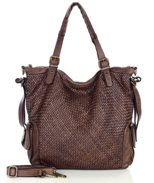 Miejska torebka z regulowanymi rączkami shopper pleciona skóra handmade