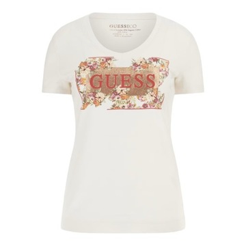 GUESS KOSZULKA DAMSKA T-SHIRT SS VN LOGO FLOWERS T ECRU r.S