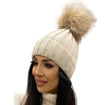 CZAPKA ZIMOWA DAMSKA POMPON SZTUCZNY JENOT GRUBA n