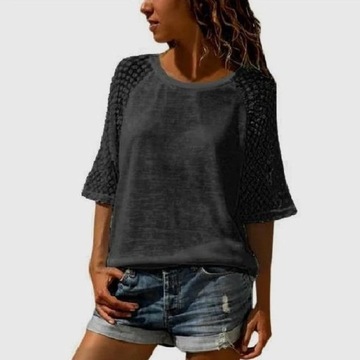 Loose Lace Splicing O Neck T Shirt Seven Flare Sle