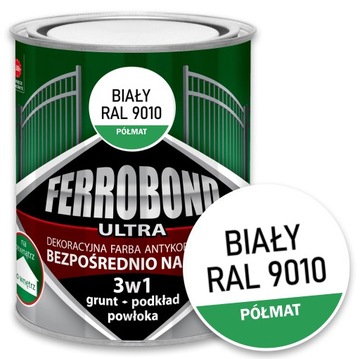 Farba do Metalu Żeliwa na Rdzę BIAŁY PÓŁMAT RAL 9010 0,7L Ferrobond Ultra