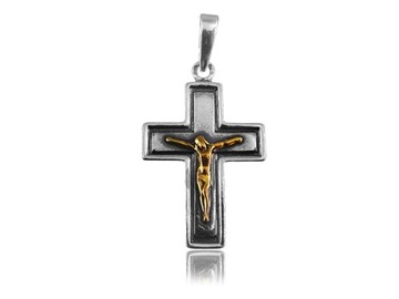 MĘSKI SREBRNY CIEMNY KRZYŻ ZŁOCONY JEZUS CHRYSTUS