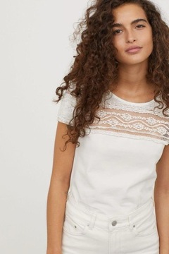 H&M Koronkowy top bluzka z krótkim rękawem koronką elegancka damska biała S
