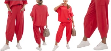 WŁOSKI ELEGANCKI KOMPLET BAWEŁNIANY BLUZKA SPODNIE DRESOWY OVERSIZE L