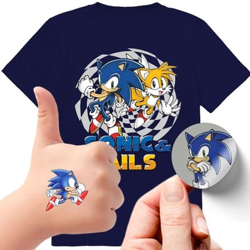 ZESTAW 3W1 KOSZULKA DLA DZIECI TATUAŻE NAKLEJKI SONIC 128 JAKOŚĆ