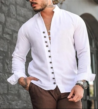 Bawełniana biała męska koszula z ozdobnymi guzikami i stójką elegancka