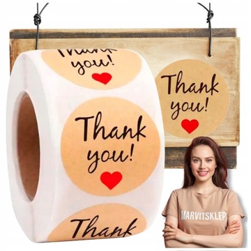 NAKLEJKI ETYKIETY THANK YOU 1000 SZT ozdobne dekoracyjne okrągłe dziękuję