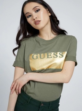 GUESS T-SHIRT BŁYSZCZĄCY KHAKI Z LOGO L 0A4F4*