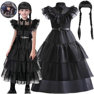 WEDNESDAY ADDAMS STRÓJ KARNAWAŁOWY BAL SUKIENKA PERUKA BALON 110-150CM