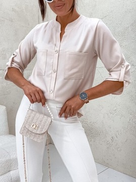 ЭЛЕГАНТНАЯ БЛУЗКА ЖЕНСКАЯ, СВОБОДНАЯ РУБАШКА, ДЕКОРАТИВНЫЕ ПУГОВИНЫ, ПОЛЬСКИЙ ПРОИЗВОДИТЕЛЬ, БЕЖЕВЫЙ S