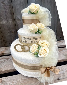 Prezent na Rocznicę Ślubu Tort z 4 Grubych Ręczników Kwiaty Róże Mydlane