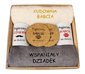 PREZENT DLA BABCI I DZIADKA DZIEŃ BABCIA KUBEK ZESTAW RĘCZNIKI HAFT GRAWER