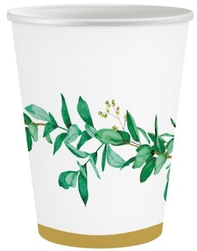 Kubeczki Papierowe Białe w Zielone Listki Komunia Chrzest - 250 ml, 6 sztuk