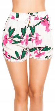 W498 BIAŁE SPODENKI W KWIATY LUŹNE SZEROKIE L/XL