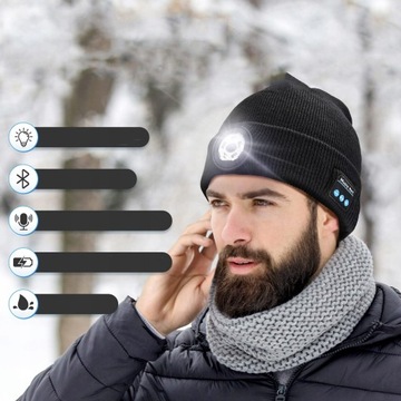 ЗИМНЯЯ СВЕТОДИОДНАЯ РАБОЧАЯ ШАПКА С НАУШНИКАМИ BLUETOOTH