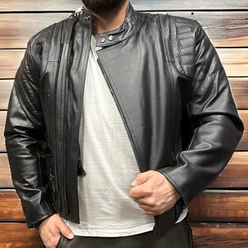 Мужская черная кожаная мотоциклетная куртка с защитой - L