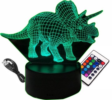 LAMPKA 3D Dinozaur Triceratops 16kolorów RGB Pilot