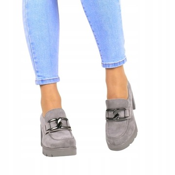 ТУФЛИ НА ВЫСОКИХ КАБЛУКАХ ЖЕНСКИЕ ТУФЛИ МОКАСИНЫ С ДЕКОРОМ НА КАБЛУКЕ СЕРЫЕ ПОТОЦКИ