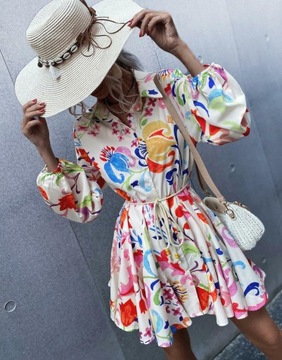 МИНИ-ПЛАТЬЕ-РУБАШКА С УЗОРОМ И ДЛИННЫМИ РУКАВАМИ SHEIN BELT S