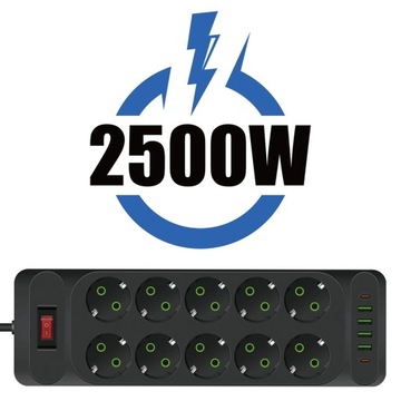 УДЛИНИТЕЛЬ ПИТАНИЯ 2500 Вт С QC3.0 6x USB