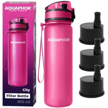 Butelka Filtr Bidon AQUAPHOR CITY 500ml do Wody Różowa Zestaw 3 Wkłady