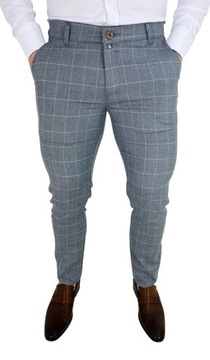 Szare eleganckie spodnie slim fit w biala krate 30