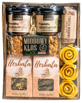 mały KOSZ PREZENTOWY herbata powidła świece trufla