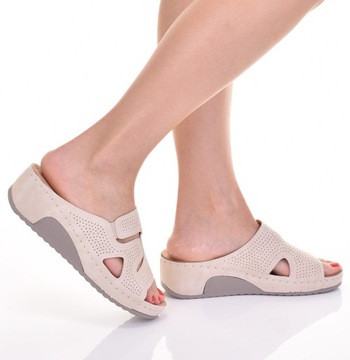 ORTOPEDYCZNE KLAPKI DAMSKIE SZYTE SKÓRZANE NA PIANCE LEKKIE BEŻOWE