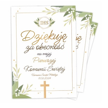 KARTKA PODZIĘKOWANIE ZA OBECNOŚĆ KOMUNIA ŚWIĘTA IHS + NAPIS 6 SZT ~A7