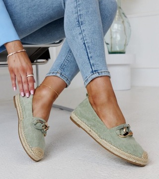 Espadryle damskie zielone z łańcuchem eko zamsz 28646 rozmiar 38