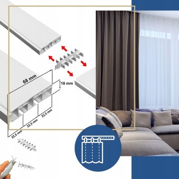 Карниз двойной, двухрядный, потолочный рельс, с крышкой, 9см, 2-полосный, 210см