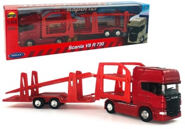 TIR SCANIA V8 R730 MODEL WELLY 1:64 CZERWONA LAWETA