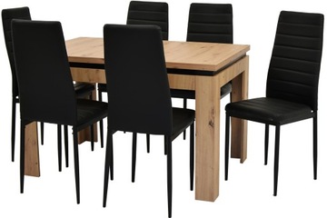 Rozkładany stół do 160 cm blat ARTISAN i 6 CZARNYCH krzeseł EKO SKÓRA WELUR