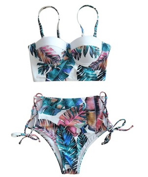 ЖЕНСКИЙ КУПАЛЬНЫЙ КОСТЮМ ИЗ ДВУХ ЧАСТЕЙ С ВЫСОКОЙ ПОСАДКОЙ, БЕЛЫЙ, ЦВЕТОЧНЫЙ, L