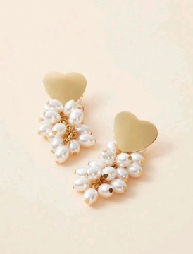 Kolczyki złote perłowe długie duże wiszące serca kwiaty z perłami