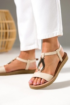 САНДАЛИИ ЖЕНСКИЕ НА ПЛОСКОЙ ПОДОШВЕ, МОДНЫЕ ТУФЛИ С ДЕКОРОМ НА ЛЕТО БЕЖЕВЫЕ, размер 39