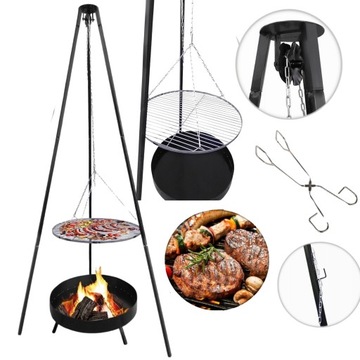 DUŻY GRILL OGRODOWY OGNISKOWY TRÓJNÓG WISZĄCY PALENISKO OGRODOWE MISA RUSZT