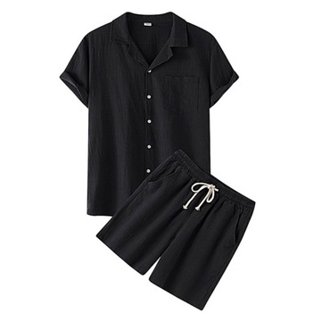 Męskie krótkie zestawy Koszula i szorty w jednolitym kolorze z wyciętymi klapami, 3XL