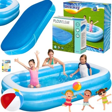 ZESTAW BASEN DMUCHANY RODZINNY 262x175x51 cm BESTWAY+POKRYWA+PIŁKA PLAŻOWA