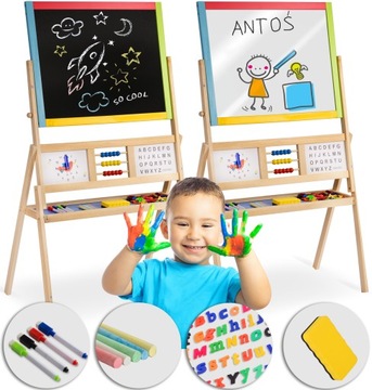 DREWNIANA TABLICA DWUSTRONNA EDUKACYJNA 2W1 MAGNETYCZNA KREDOWA + AKCESORIA