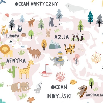 PLAKAT MAPA ŚWIATA ZWIERZĘTA DLA DZIECI + RAMKA A3