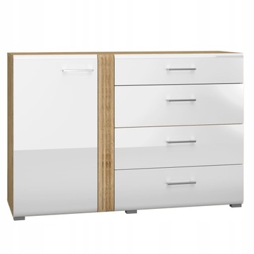 Komoda szafka dzrwi, szuflady biała połysk dąb Atrisan MDF 134 cm CAPRI