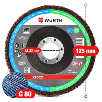 10 лепестковых дисков для шлифования стали 125x1 мм P80 WURTH Strong
