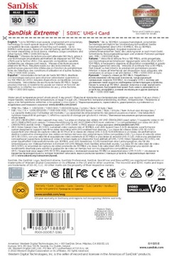SANDISK EXTREME SDXC 128 ГБ 180/90 МБ C10 V30 UH
