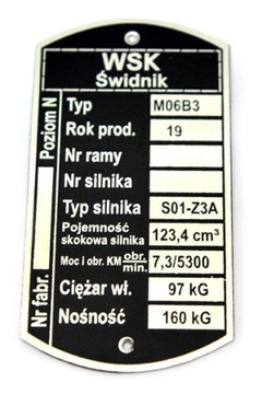 Tabliczka znamionowa WSK 125 M06B3 S01-Z3A